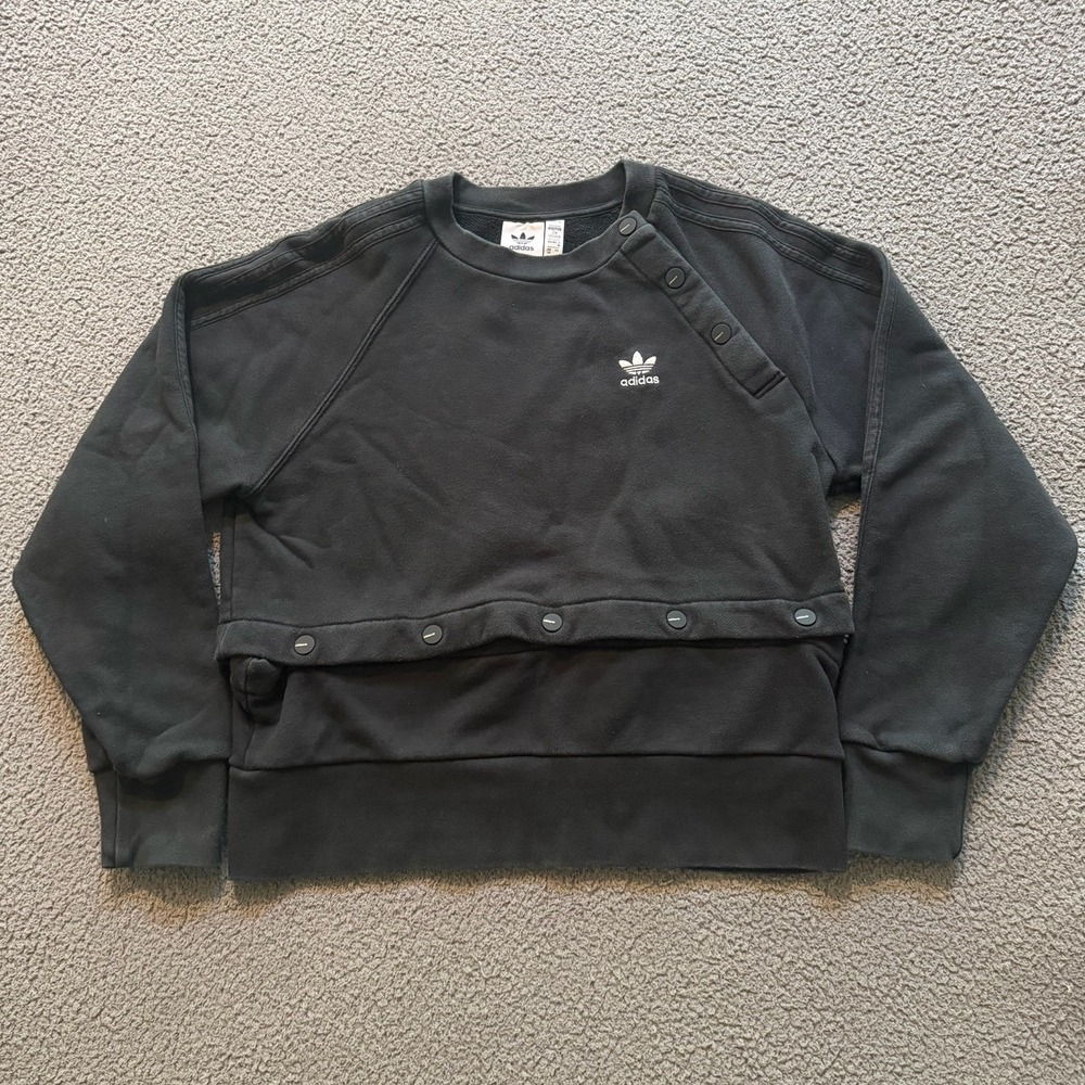 Adidas AO Crew Pullover Snap Button 2 Way Sweatshirt Black Womens XS Athleisure